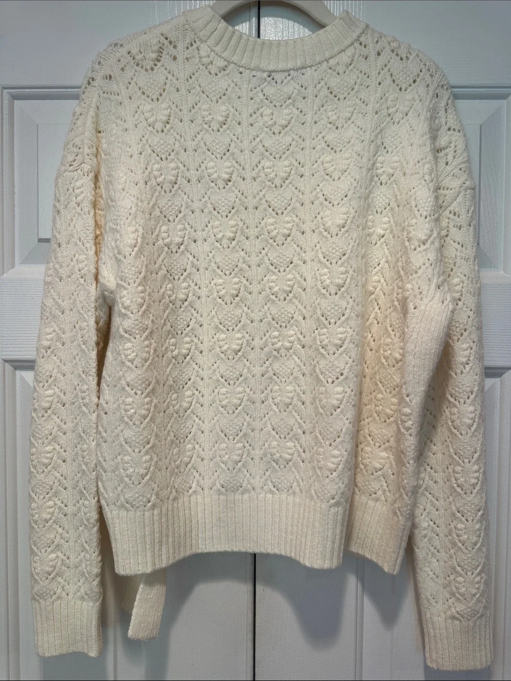 LOFT Cream Openwork Cable-Knit Crew Sweater with Side Tie size Small